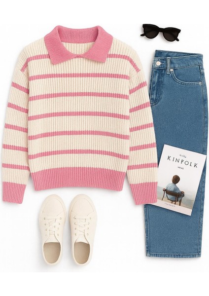 -Kadın Selanik Örgü Polo Yakalı Renkli Çizgili Oversize Basic Kazak fiyatları