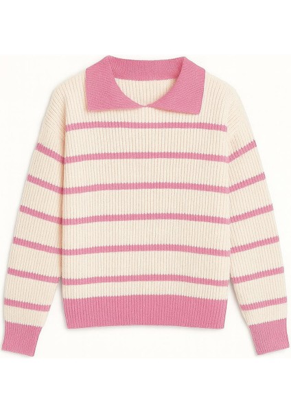 -Kadın Selanik Örgü Polo Yakalı Renkli Çizgili Oversize Basic Kazak modelleri