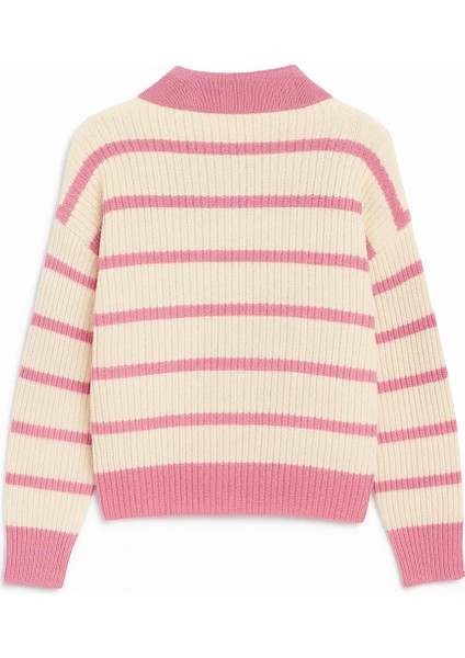 -Kadın Selanik Örgü Polo Yakalı Renkli Çizgili Oversize Basic Kazak fırsatları