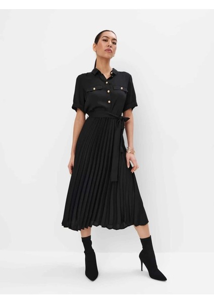 Pina Gömlek Yaka Uzun Boy Regular Fit Siyah Renk Elbise