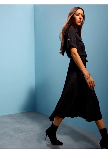 Pina Gömlek Yaka Uzun Boy Regular Fit Siyah Renk Elbise