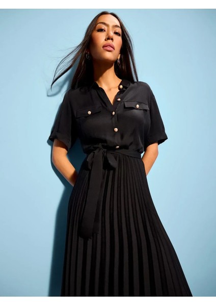 Pina Gömlek Yaka Uzun Boy Regular Fit Siyah Renk Elbise