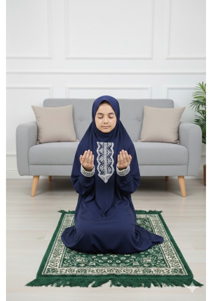 Kız Çocuk Düz Renk Dantelli Kendinden Kapşönlü Namaz Elbisesi