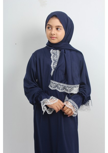 Kız Çocuk Düz Renk Dantelli Kendinden Kapşönlü Namaz Elbisesi indirimleri