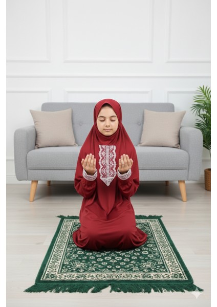 Kız Çocuk Düz Renk Dantelli Kendinden Kapşönlü Namaz Elbisesi