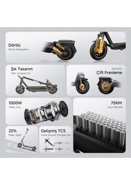 Gt3 Max Elektrikli Scooter 75 Km, 1000W Güç, Yüzde 22 Eğim Performansı, Dörtlü Süspansiyon 25 Km Hız Oto Far fırsatları