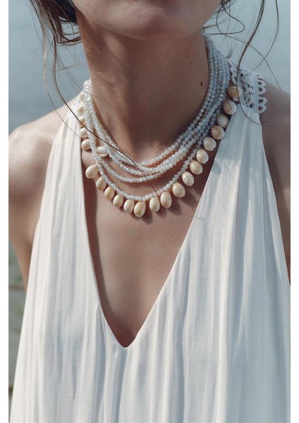 Kristal Boncuklu Kabuk Kolye - Beyaz fiyatları