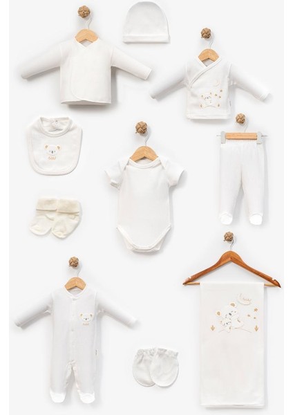 %100 Pamuk Sevimli Yavru Koala Desenli 10 Parça Kutulu Yenidoğan Hastane Çıkışı Zıbın Seti Ekru BBTF.EKR.10131