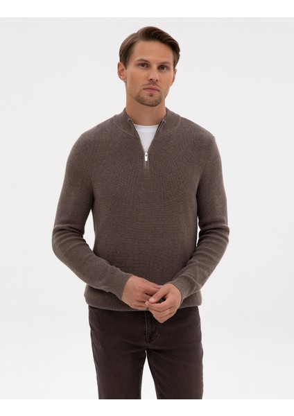 Erkek Vizon Melanj Slim Fit Dik Yaka Fermuarlı Triko Kazak 50317363-VR174