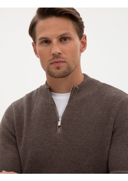 Erkek Vizon Melanj Slim Fit Dik Yaka Fermuarlı Triko Kazak 50317363-VR174 fiyatları