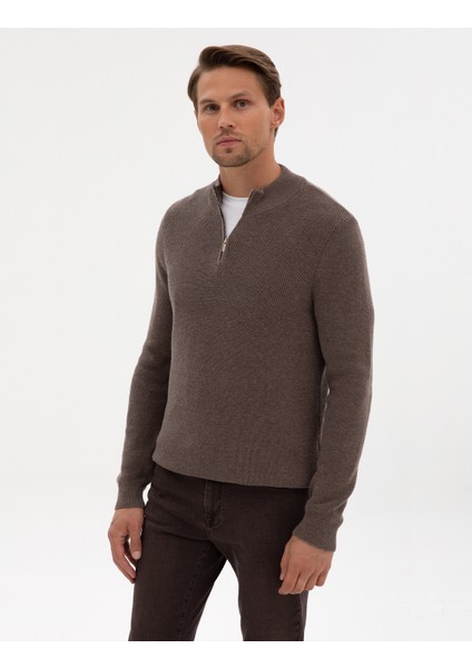 Erkek Vizon Melanj Slim Fit Dik Yaka Fermuarlı Triko Kazak 50317363-VR174 modelleri