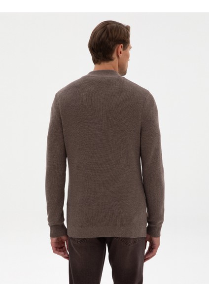 Erkek Vizon Melanj Slim Fit Dik Yaka Fermuarlı Triko Kazak 50317363-VR174 indirimleri