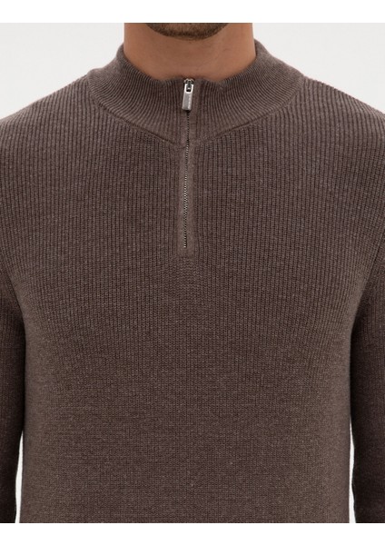 Erkek Vizon Melanj Slim Fit Dik Yaka Fermuarlı Triko Kazak 50317363-VR174