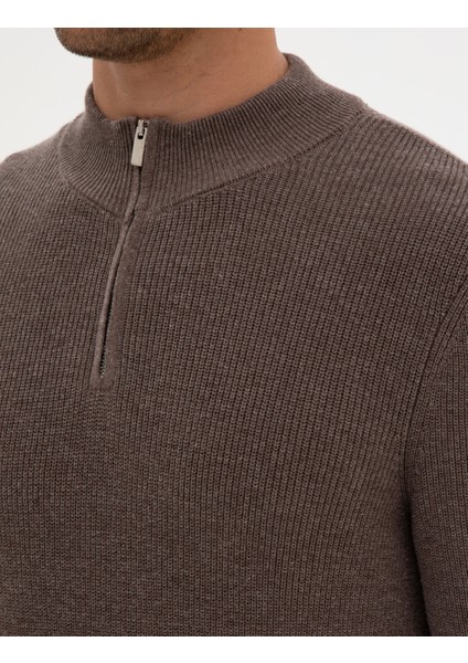 Erkek Vizon Melanj Slim Fit Dik Yaka Fermuarlı Triko Kazak 50317363-VR174