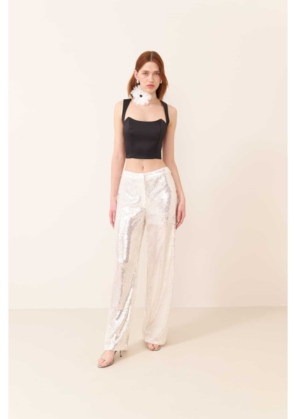 Payetli Geniş Paça Pantolon Beyaz Y2312103_002 fırsatları
