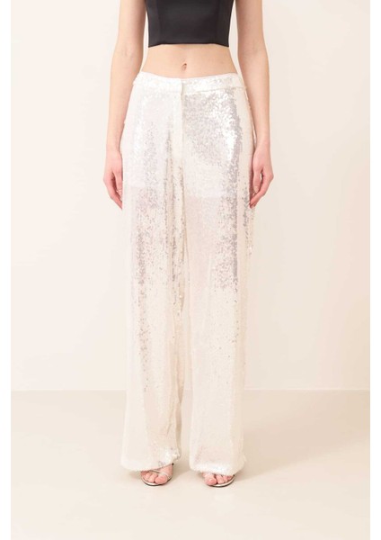 Payetli Geniş Paça Pantolon Beyaz Y2312103_002
