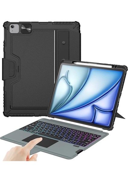 iPad Air 13 Inç (M2, 2024), iPad Pro 12.9 Klavyeli Kılıf (6./5./4./3. Nesil) Klavye Kılıfı, Sihirli Izleme Pedi, Slayt Kamera Kapağı, 7 Arka Işık Renkli Çıkarılabilir Klavye, Siyah