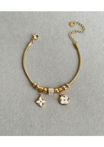 Çelik 14K Kaplama Sedefli Yonca Pndr Bileklik Hediyelik