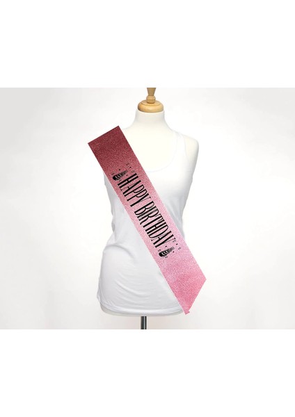 Pembe Üzeri Siyah Büyük Happy Birthday Yazılı Simli Işıltılı Kuşak Kemer 10 cm Genişlik fiyatları