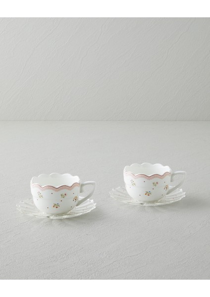 Daisy Days New Bone China 4 Parça 2 Kişilik Cam Tabaklı Kahve Fincan Takımı 80 ml Pembe - Yeşil