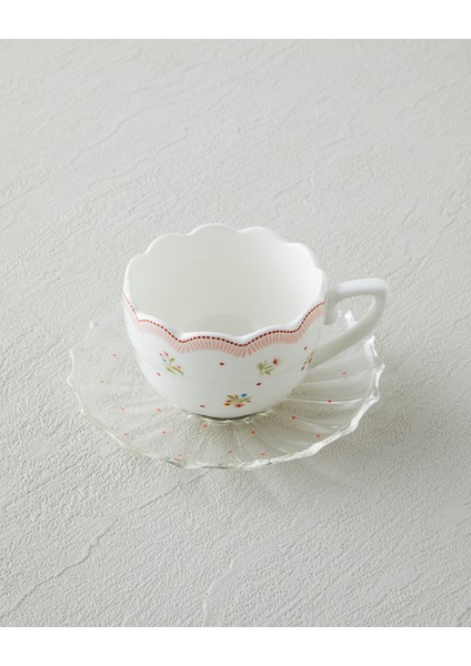 Daisy Days New Bone China 4 Parça 2 Kişilik Cam Tabaklı Kahve Fincan Takımı 80 ml Pembe - Yeşil modelleri
