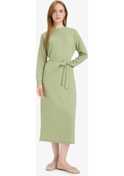 Regular Fit Bisiklet Yaka Bağlamalı Uzun Kollu Maxi Elbise D9063AX25SP fiyatları