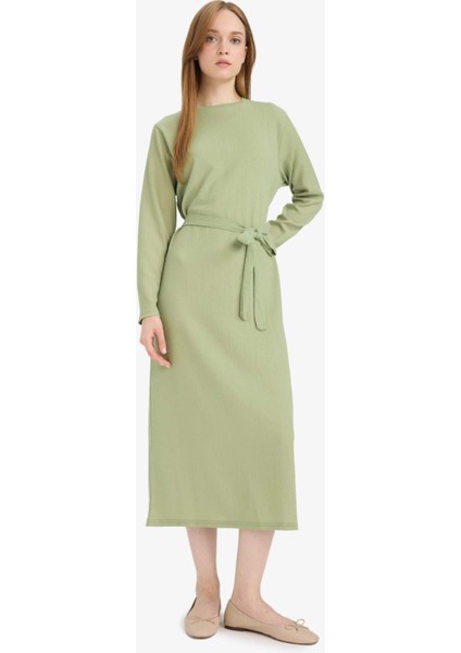 Regular Fit Bisiklet Yaka Bağlamalı Uzun Kollu Maxi Elbise D9063AX25SP modelleri