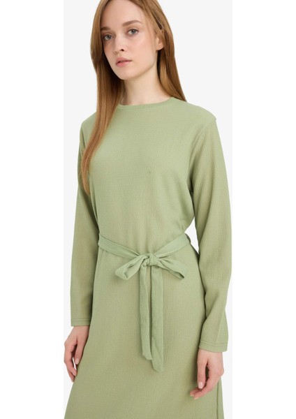 Regular Fit Bisiklet Yaka Bağlamalı Uzun Kollu Maxi Elbise D9063AX25SP fırsatları