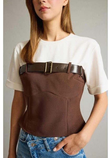 Bisiklet Yaka Kemer Detaylı Kısa Kollu Bluz G4709AX25WN