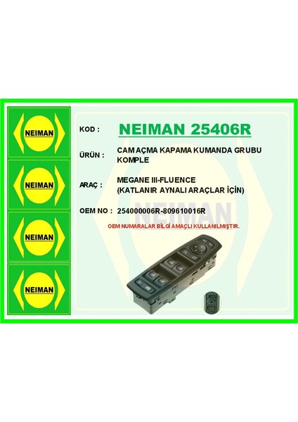 CAM AÇMA KAPAMA KUMANDA GRUBU KOMPLE MEGANE 3-FLUENCE KATLANIR AYNALI ARAÇLAR İÇİN 254000006R 809610016R