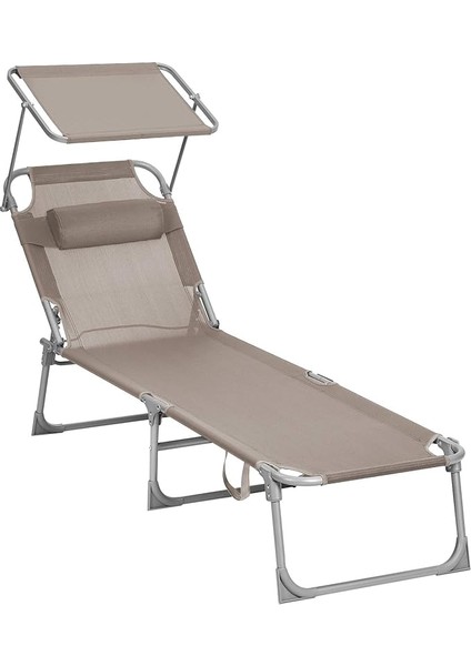 GCB192K01 Şezlong, Katlanabilir, 193 x 53 x 29 Cm, Taşıma Kapasitesi 150 Kg, Güneşlik ve Eğilebilir Sırtlık, Bahçe, Havuz, Teras Için, Boz Kahverengi