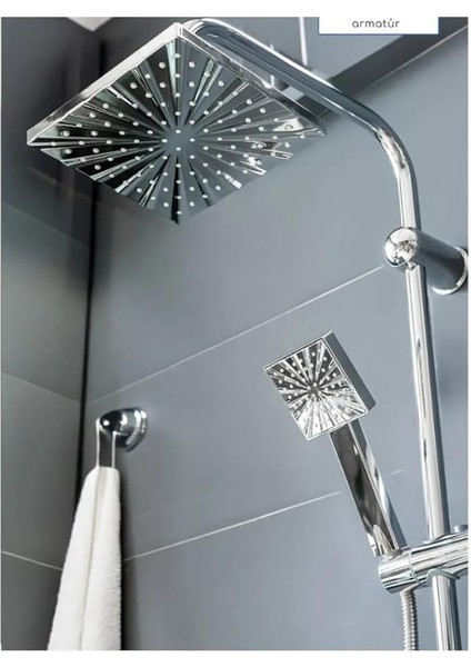 Premium Yağmurlama Duş Seti, Robot Tepe Duş Başlığı, Beyaz (Krom Kare Model)