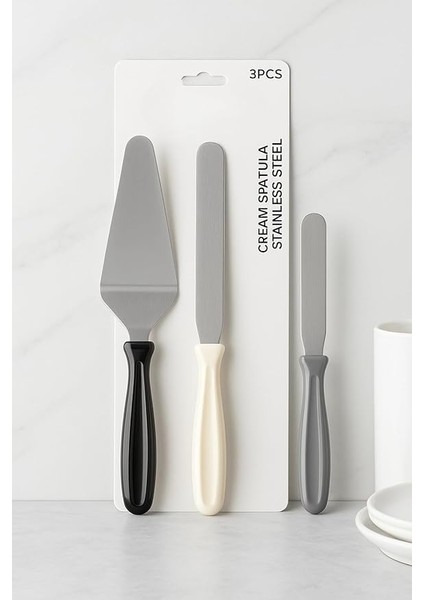 Pasta Spatula Seti, Paslanmaz Çelik, Siyah-Beyaz-Gri Saplı, Krem Sürme ve Dekorasyon Için