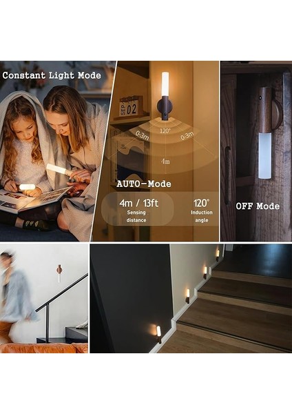 Pille Çalışan Duvar Lambası, Hareket Sensörlü, Kablosuz, Pilli, Ahşap Duvar Lambası, Iç LED USB Şarj Edilebilir, Gece Lambası, Mıknatıslı Dolap Aydınlatması, Hareket Sensörü, Merdiven Lambası, fırsatları