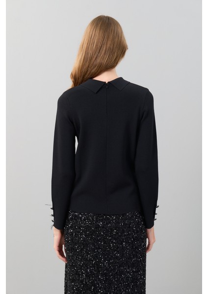 Payet Broşlu Uzun Kol Triko Siyah K2472002_001