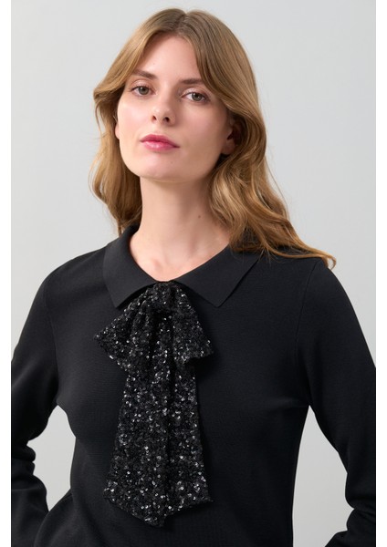 Payet Broşlu Uzun Kol Triko Siyah K2472002_001