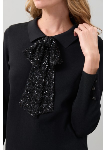 Payet Broşlu Uzun Kol Triko Siyah K2472002_001