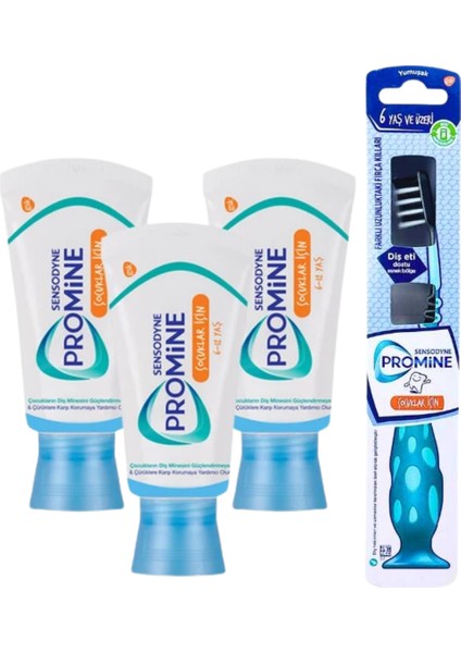 Promine Çocuk Diş Macunu 50ML x 3 Adet +Promine 6 Yaş ve Üzeri Çocuklar Için Yumuşak Diş Fırçası Siyah