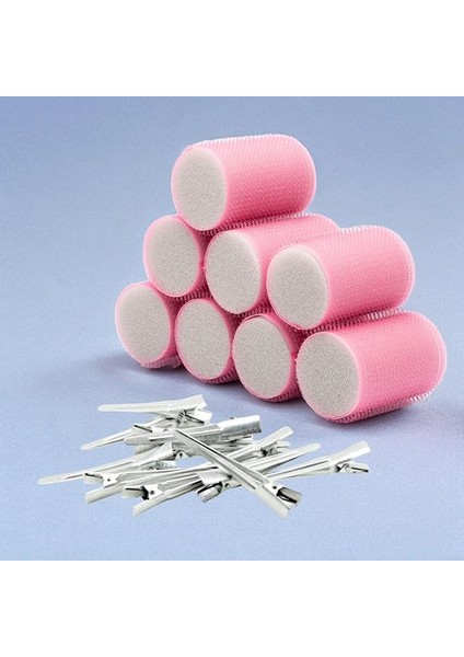 1207 Pembe Cırtlı Sünger Bigudi 8li Çap 4cm + 12LI Alüminyum Saç Pensi