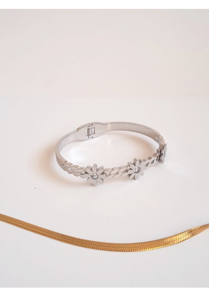 Çelik Taşlı Papatya Kelepçe Bileklik