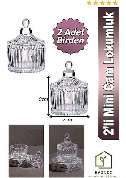 2 Adet Mini Cam Lokumluk ve Şekerlik - Şık ve Zarif Mini Cam Sunumluk, Yükseklik 9,5 Cm, Çap 6,5 cm | Lokum, Şeker, Çikolata Sunumları Için modelleri