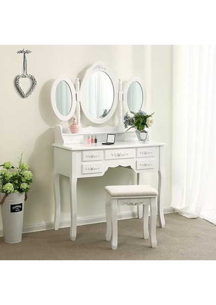 3 Aynalı ve Tabureli Tuvalet Masası, 7 Çekmece, Eğim Koruması, Lüks, 145 x 90 x 40 Cm, Beyaz RDT91W fiyatları