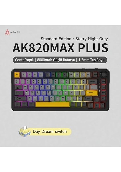 Gaming Klavye Ajazz AK820 Max Plus Daydream Switch 3 Modlu Mekanik Oyun KLAVYESI-8000 Mah Batarya Rgb - Hot Swap (AK820 Max Plus - Siyah Sarı - Daydream) fiyatları