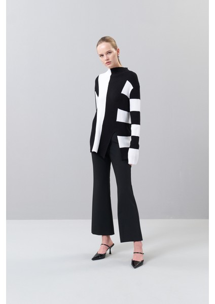 Etek Ucu Yırtmaçlı Ripli Triko Siyah-Beyaz K2473003_210 indirimleri