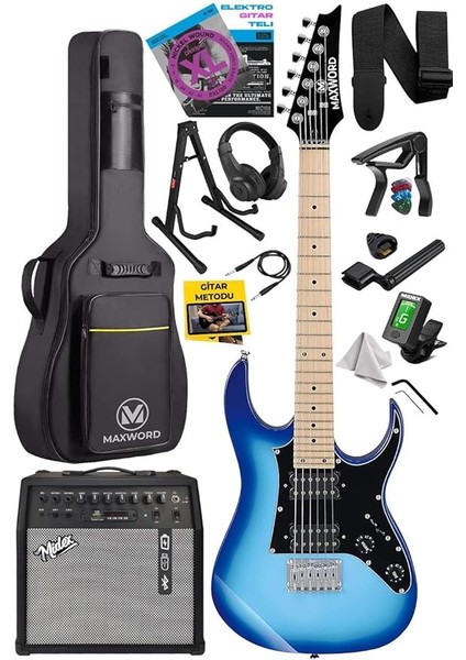 DE-150BL-50AMP Maple Klavye Hh Yüksek Kaliteli 50W Amfili Elektro Gitar Seti