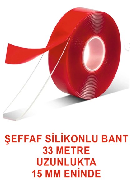 Silikonlu Şeffaf Kırmızı Taşıyıcılı Taraflı Çift Bant 33 M. Uzunlğunda 15 Mm. Eninde