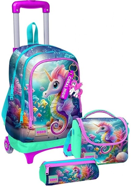 High Çekçek Tekerlekli Kız Çocuk, Su Yeşili Denizatı, Ilkokul Üçlü Okul Çanta Seti