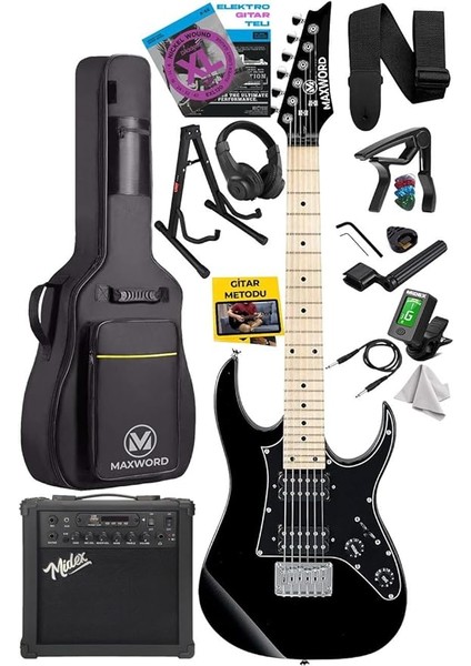 DE-150BK-25AMP Maple Klavye Hh Yüksek Kaliteli 25W Amfili Elektro Gitar Seti