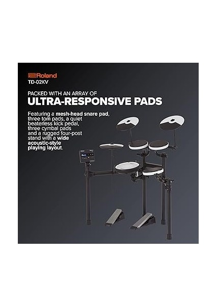 Roland TD-02KV V-Davul, Yüksek Kaliteli Beş Parçalı Elektronik Davul Kiti, File Başlık Pedli, Etkileyici Oynanabilirlik, Gürültü Azaltıcı Özellikler modelleri