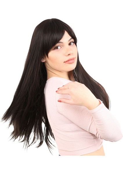 Fiber Sentetik Uzun Düz Kahküllü Peruk / Kahverengi modelleri